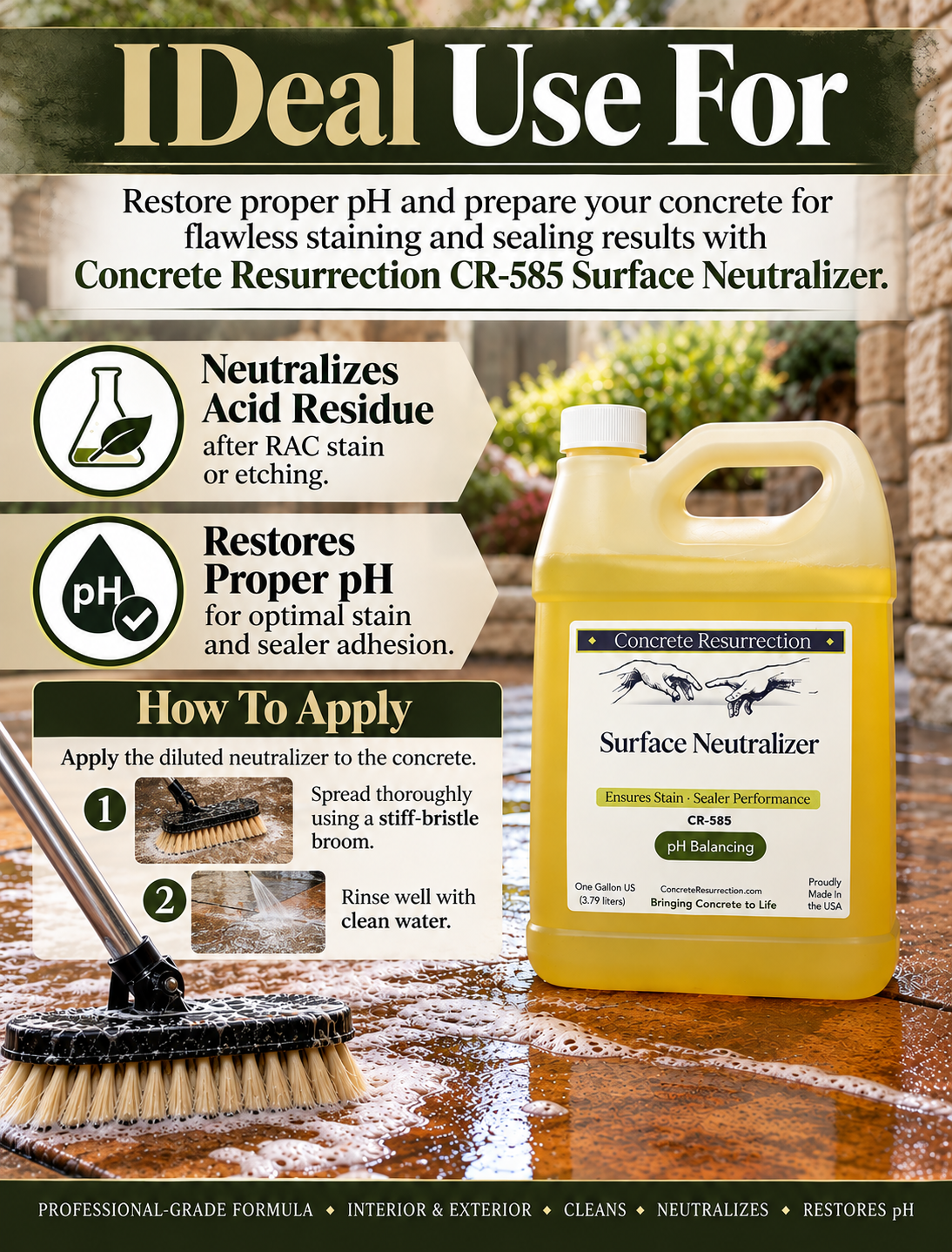 Concrete Resurrection CR-585 Surface Neutralizer - Professional pH Rinse for Acid - Stained Concrete