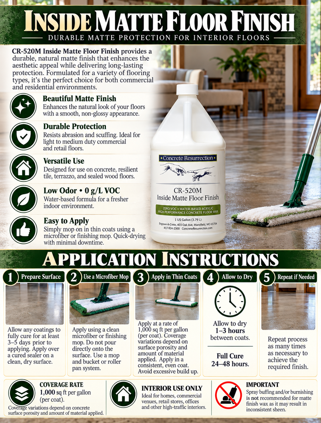 CR-520M Inside Matte Floor Finish - Interior Floor Protector