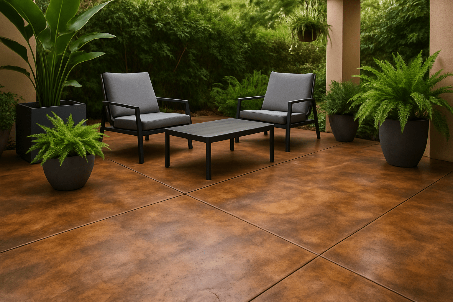 Outdoor patio with two chairs, a table, and potted plants on a stained concrete floor.