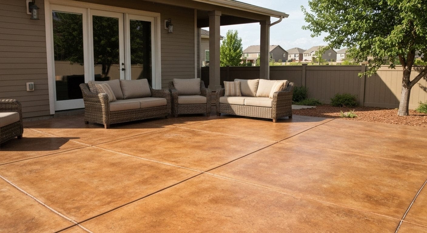 Concrete patio with outdoor furniture for relaxing and socializing.