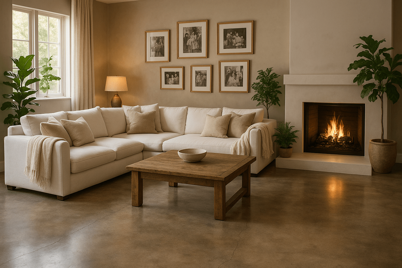 Cozy living room with a fireplace, beige sectional sofa, and wooden coffee table. Stained Concrete Floors
