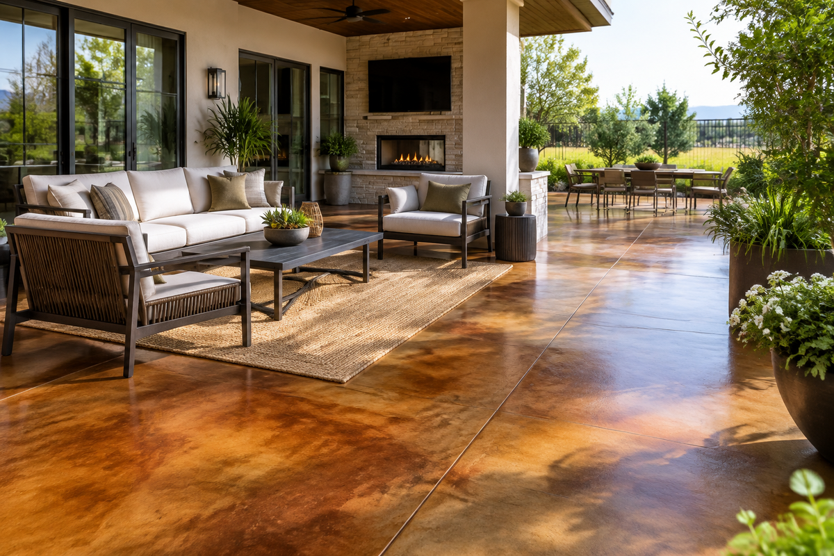 Backyard patio with acid stained concrete and comfortable seating areas.