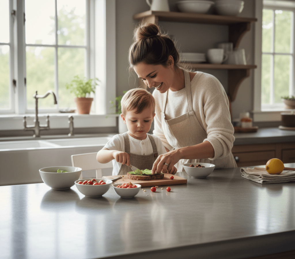 Finished concrete kitchen countertop in a bright family kitchen