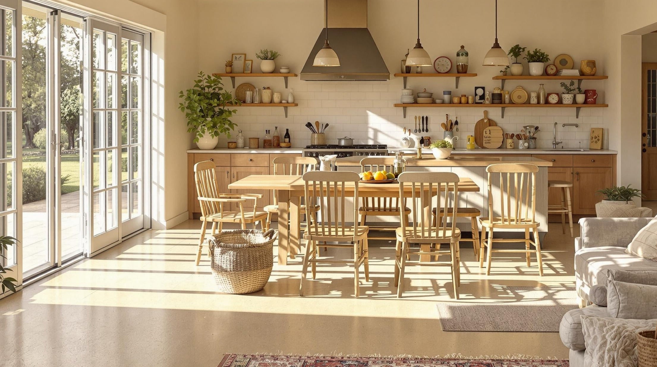 Modern kitchen with large windows, wooden furniture, and decorative elements.