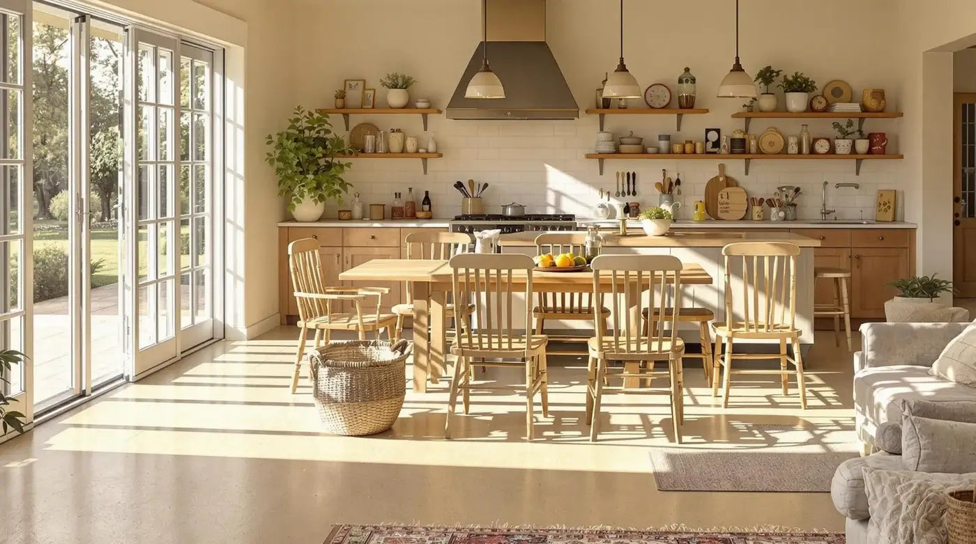 Modern kitchen with large windows, wooden furniture, and decorative elements.