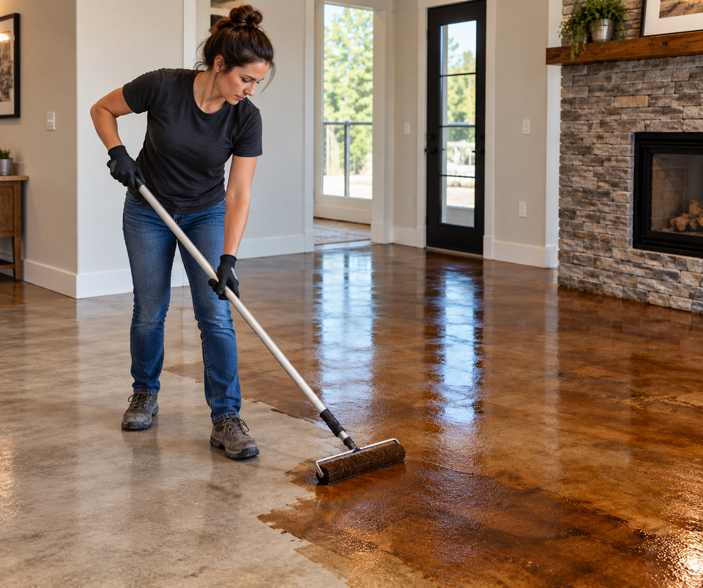 Concrete stain being sprayed onto an interior concrete floor