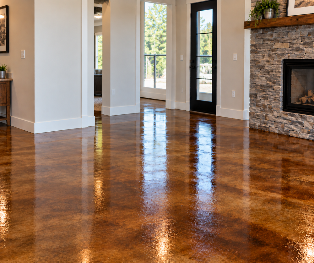 Stained interior concrete floor drying before sealer