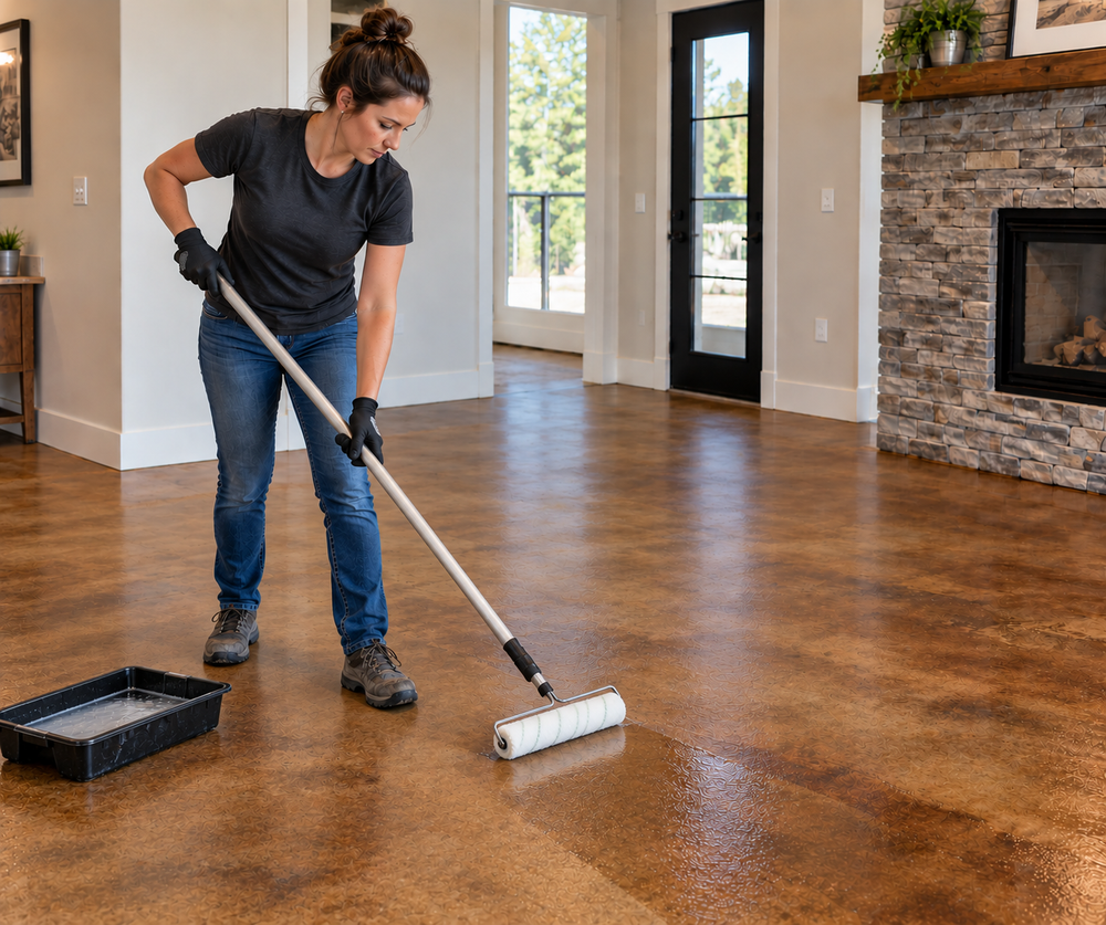 Interior concrete sealer being applied with a roller