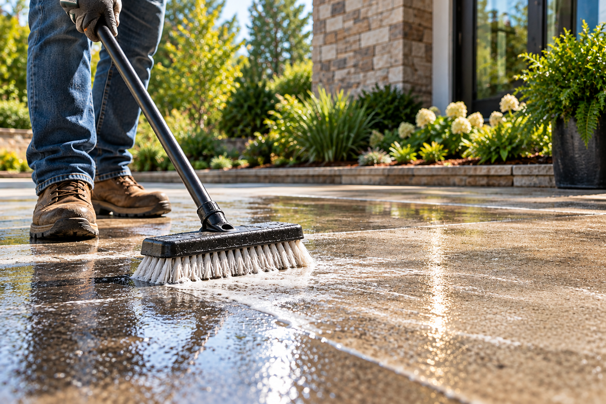 Concrete surface being properly prepared before staining