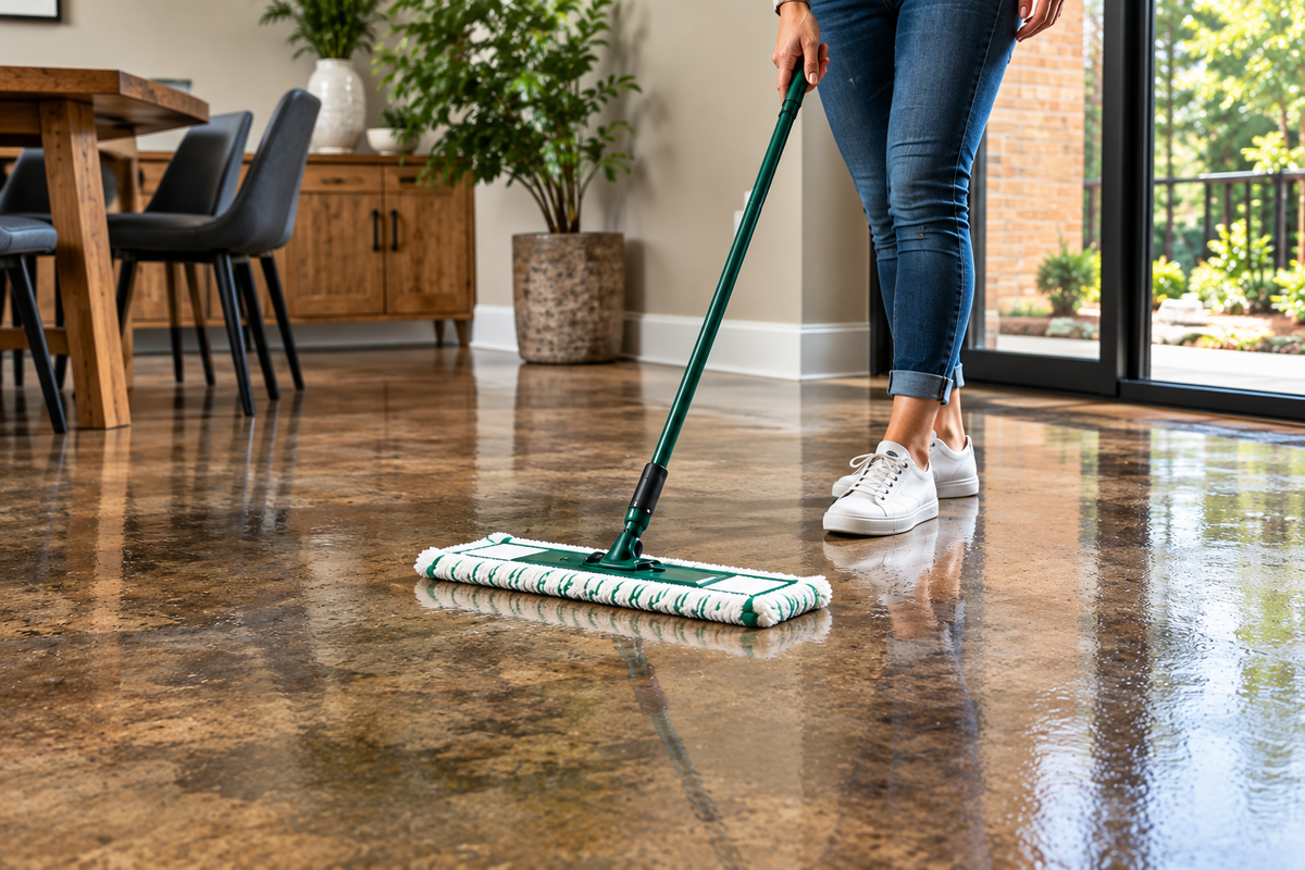 Routine cleaning of stained and sealed concrete