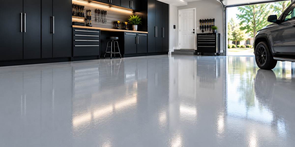 Garage with decorative epoxy floor