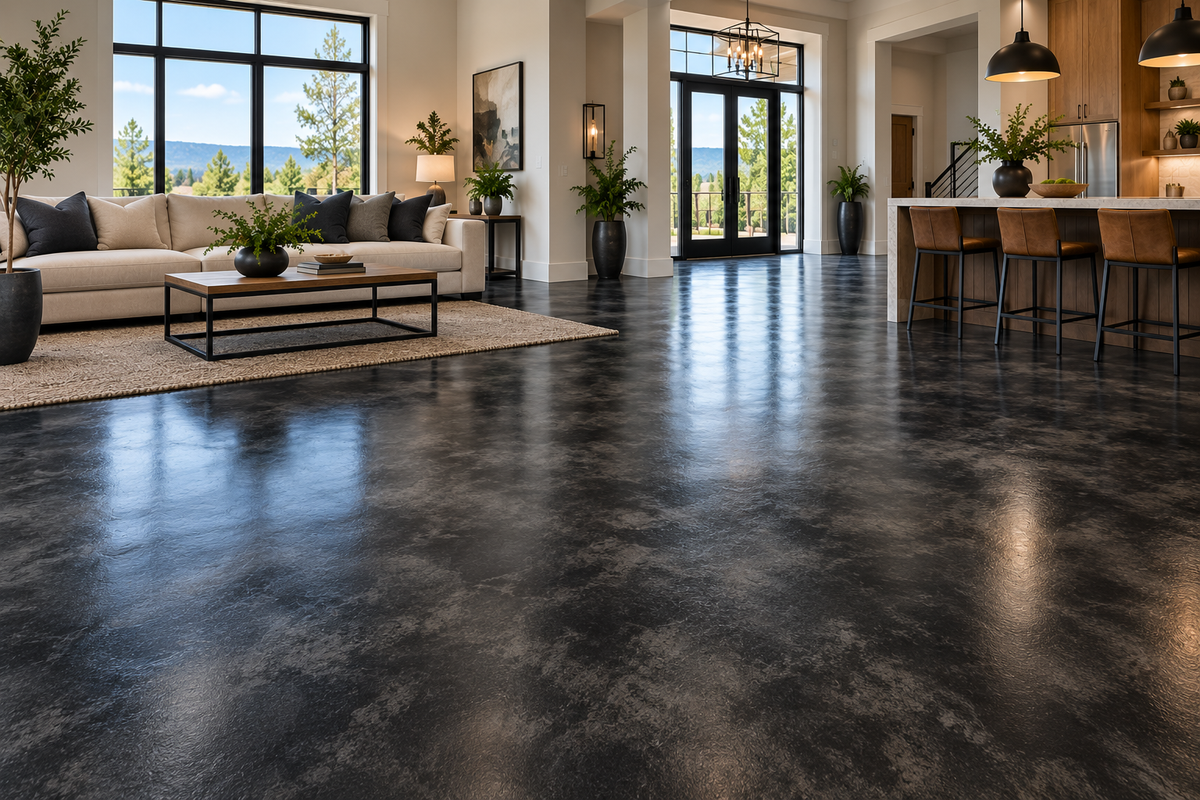 Ebony TSC stained concrete living room floor