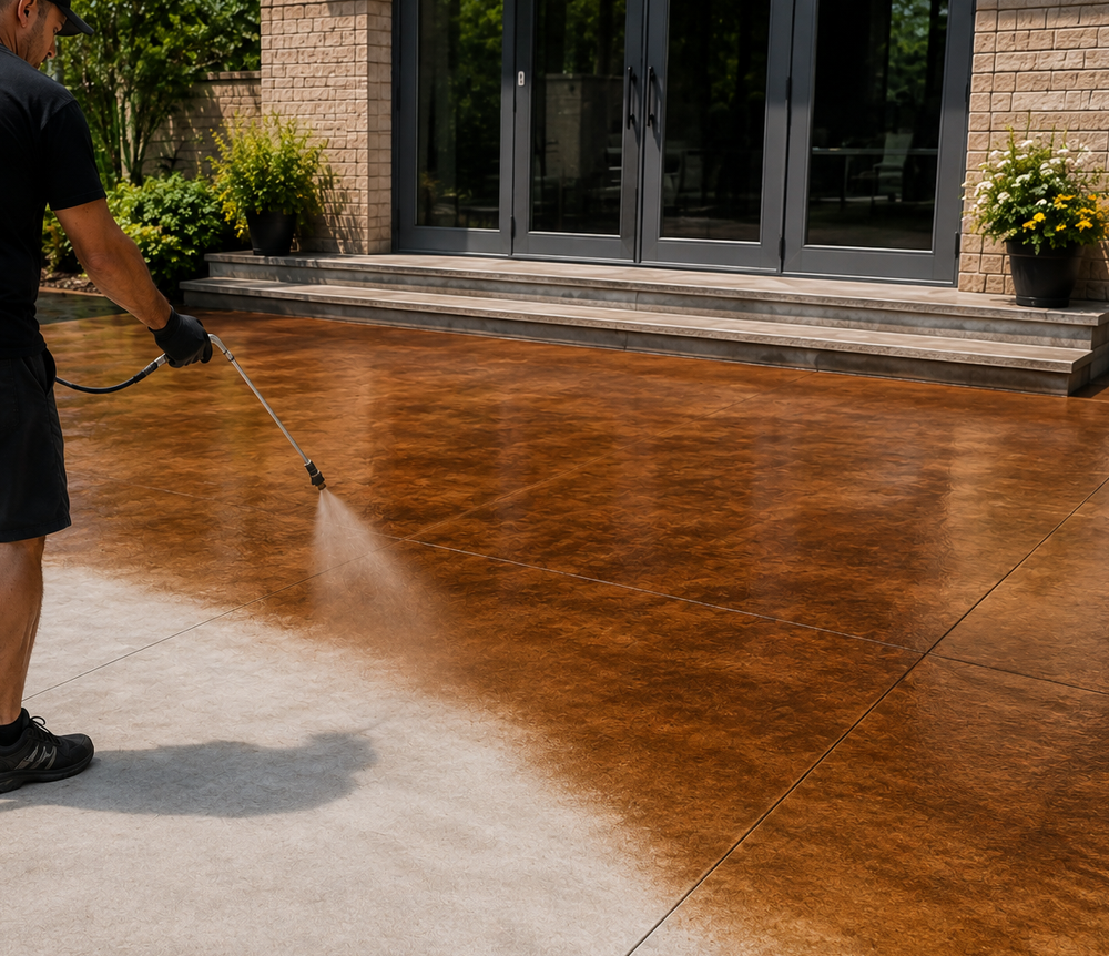 Concrete stain being applied to an exterior concrete surface